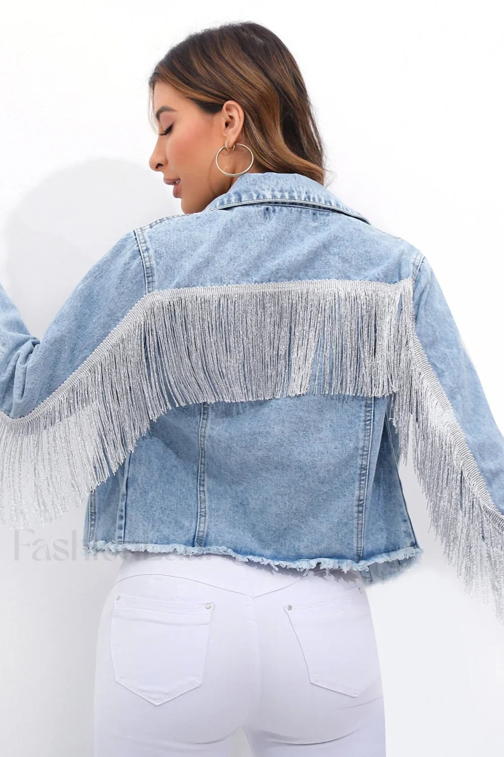 Fringed Patchwork Plus Size Denim Jacket