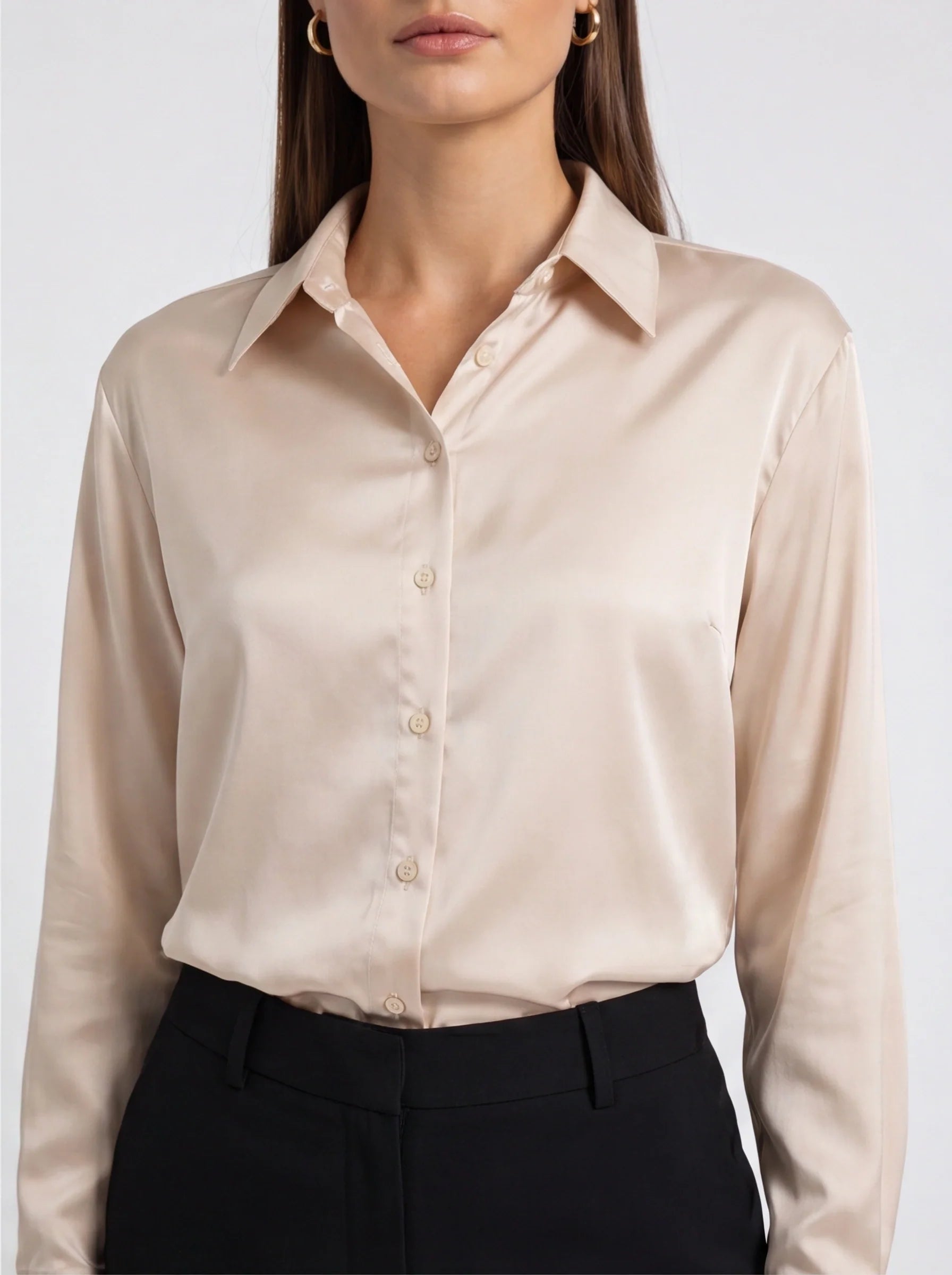 Elegant White Silk Blouse with Tailored Fit and Button Details