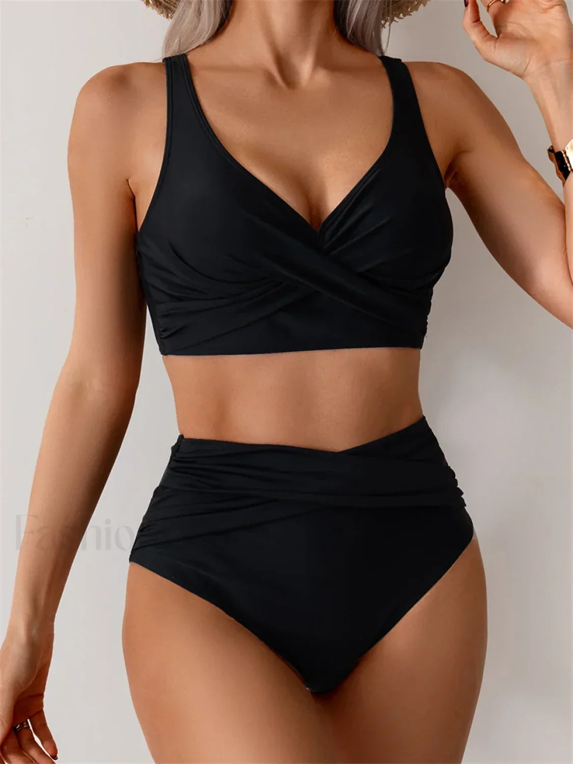 Front Cross High Waist Bikini Set BLACK / S