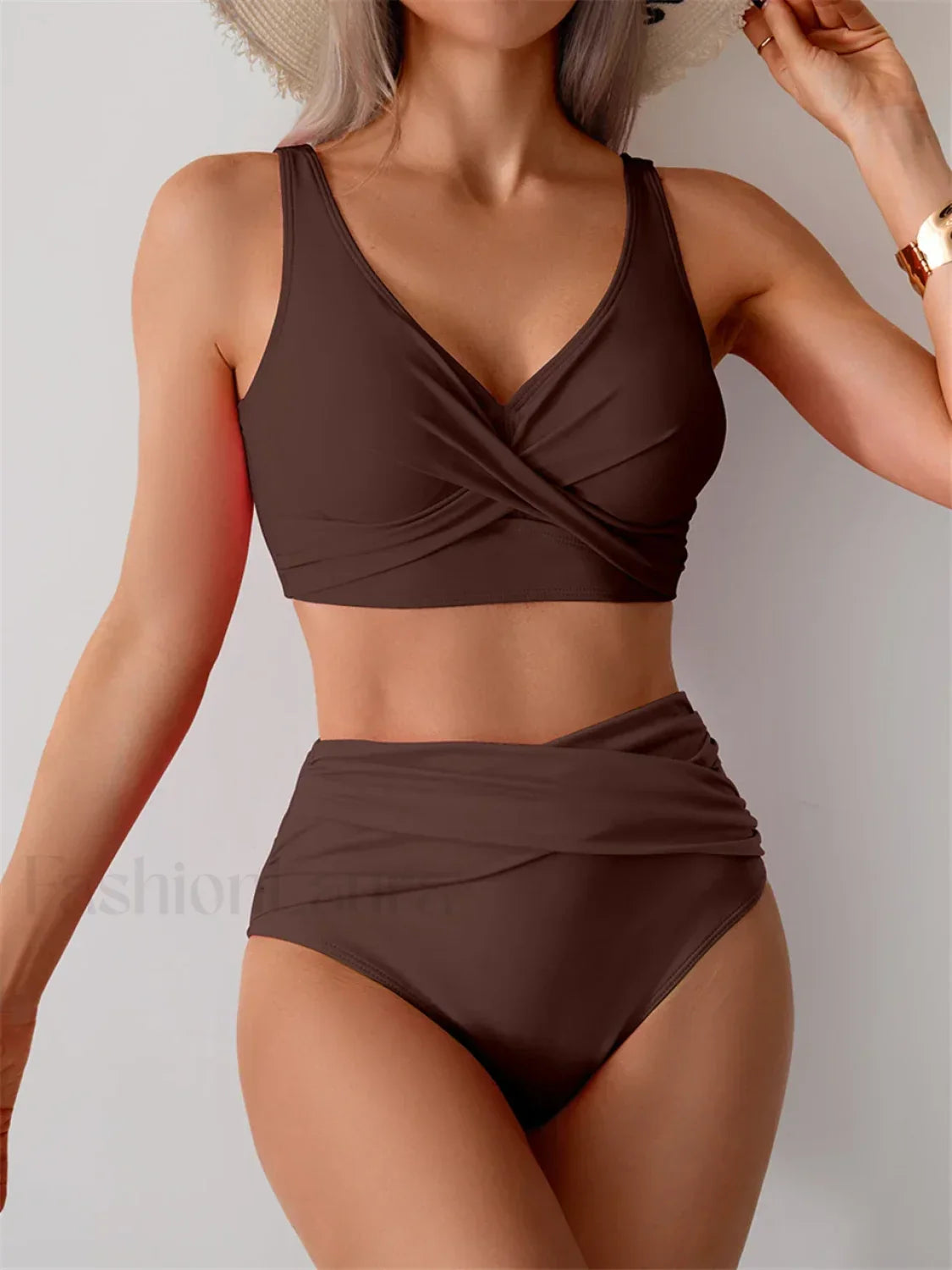 Front Cross High Waist Bikini Set Dark Coffee / S