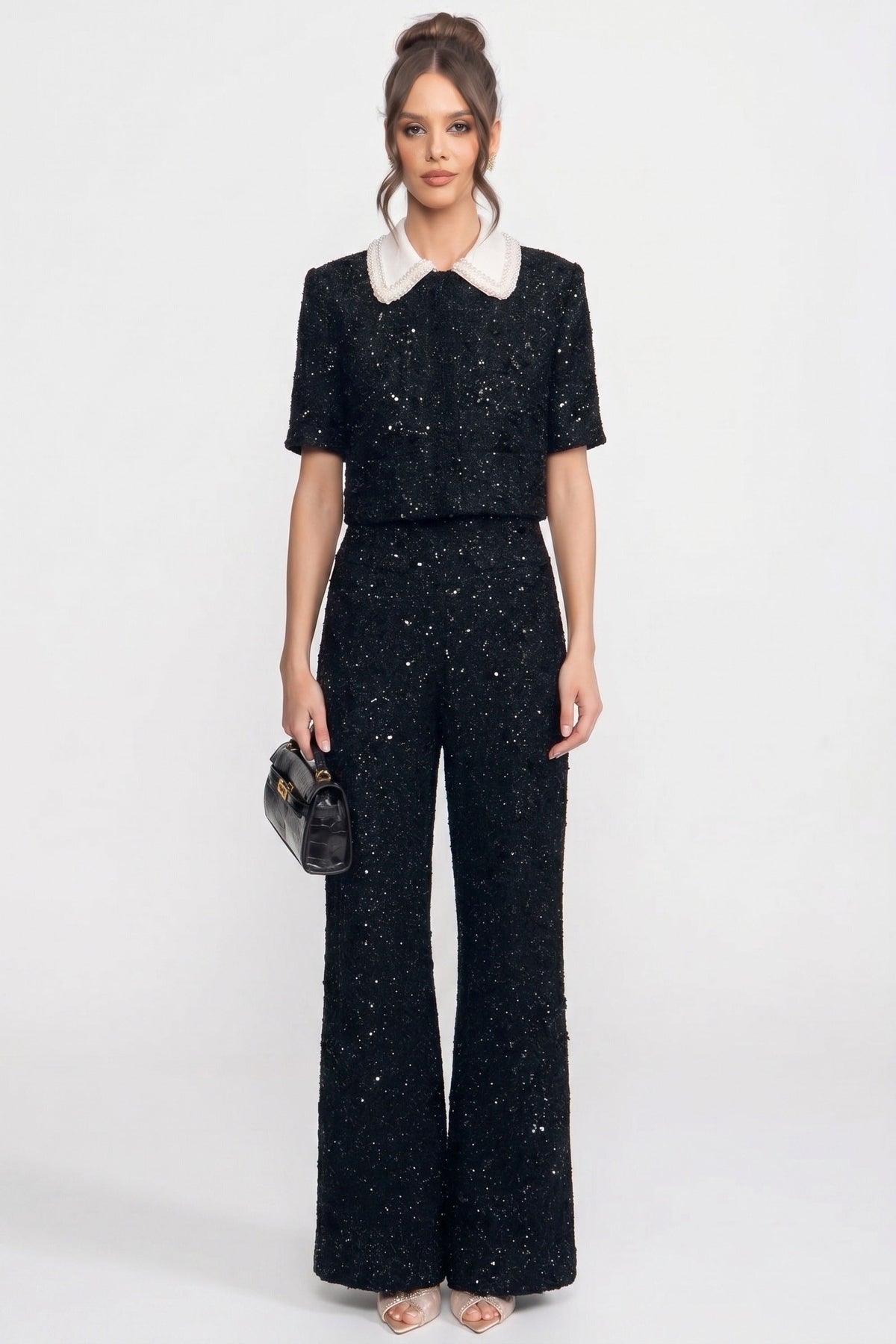 Sequin Tweed Wide Leg High Waist Dress Pants - View 3