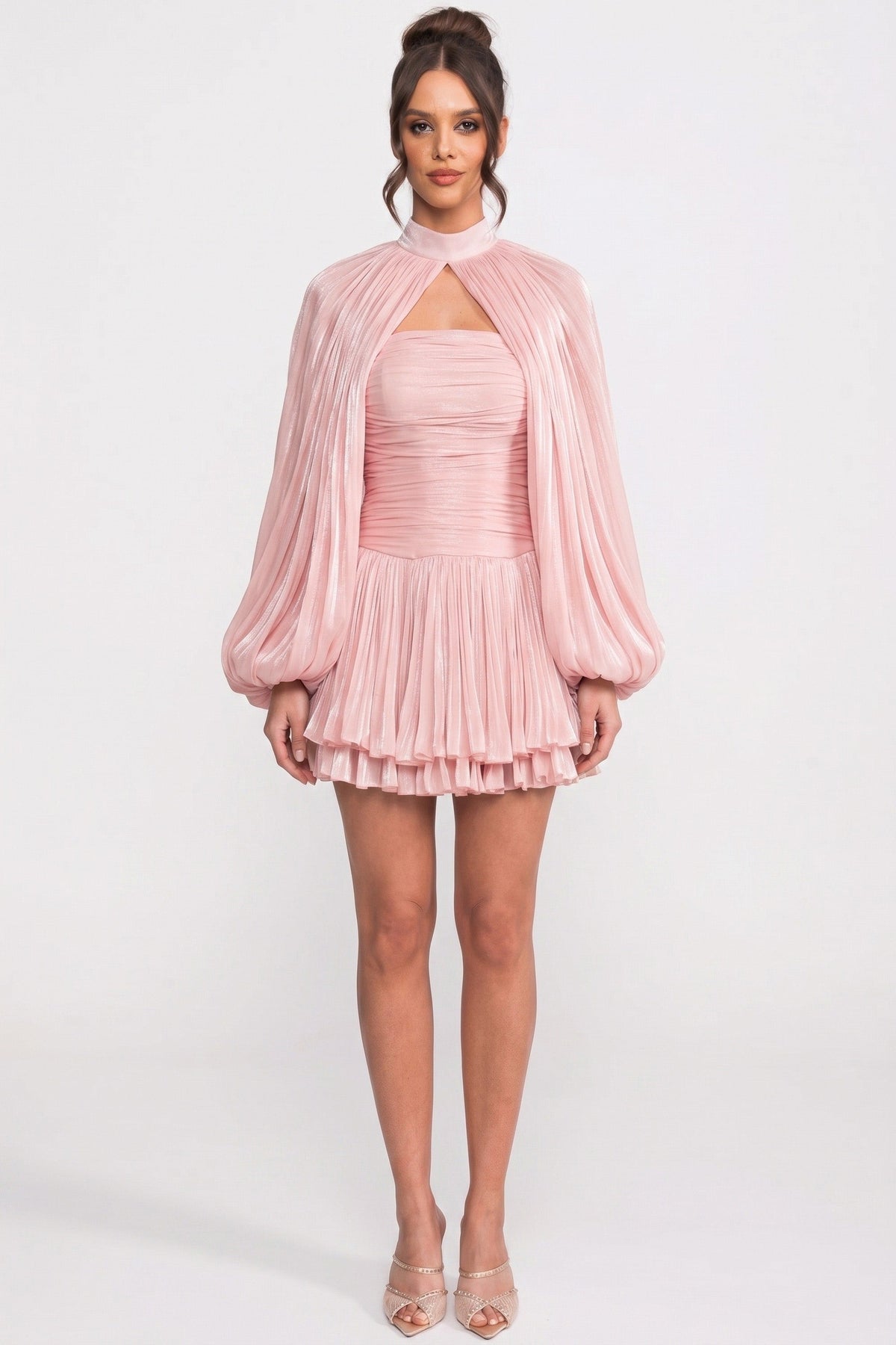 High Neck Keyhole Cut Out Pleated Cape Sleeve Ruched Mini Dress - View 6