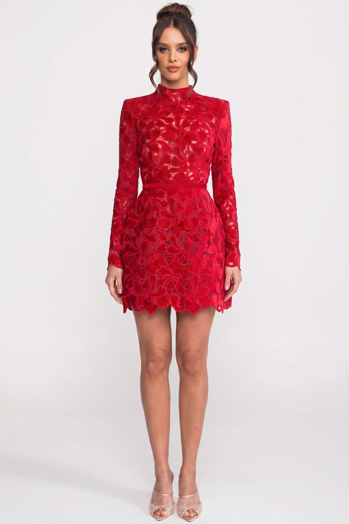 Mock Neck Long Sleeve Floral Lace Scalloped Hem Mini Dress 3