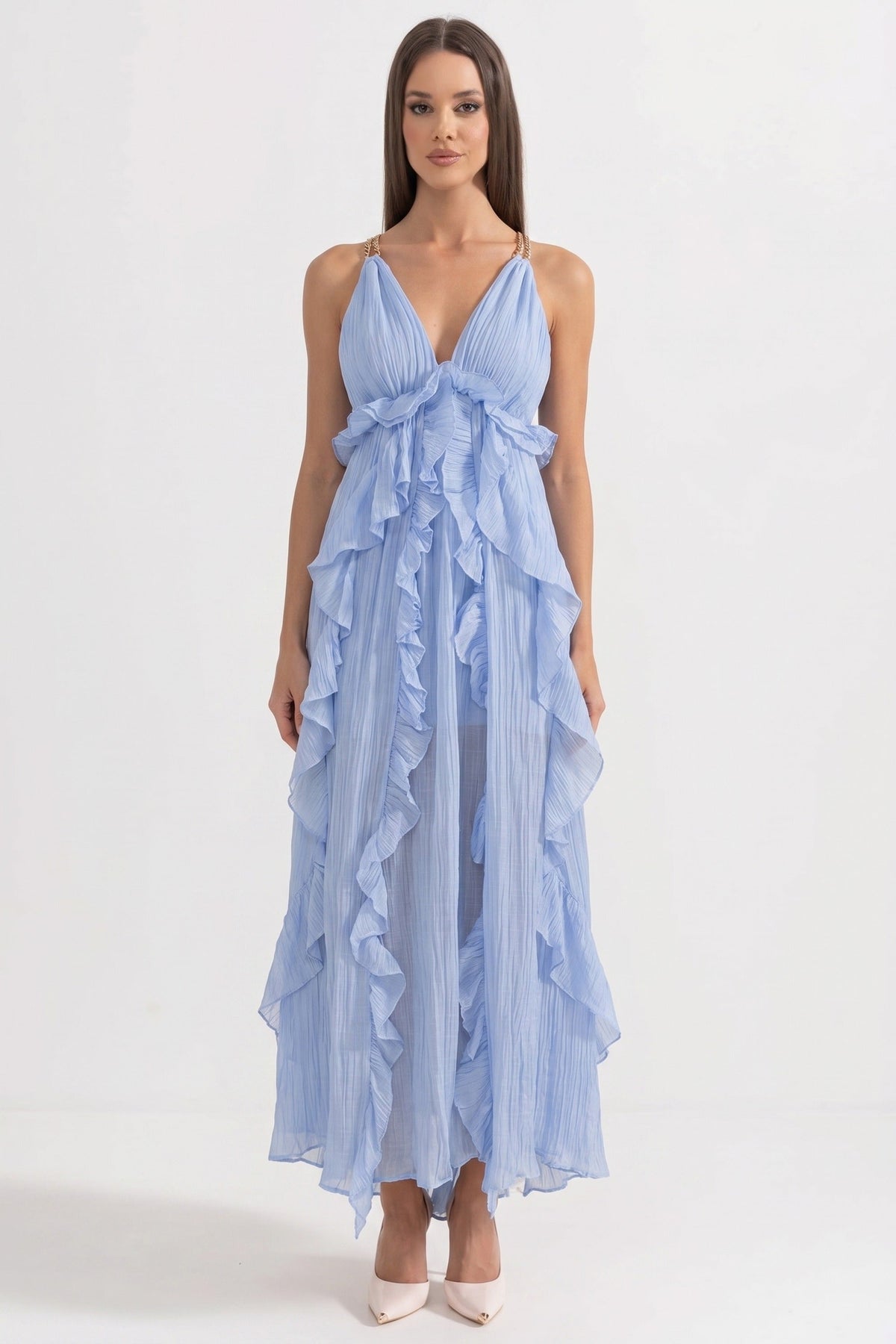 Deep V-Neck Spaghetti Strap Cascading Ruffle Pleated Maxi Dress
