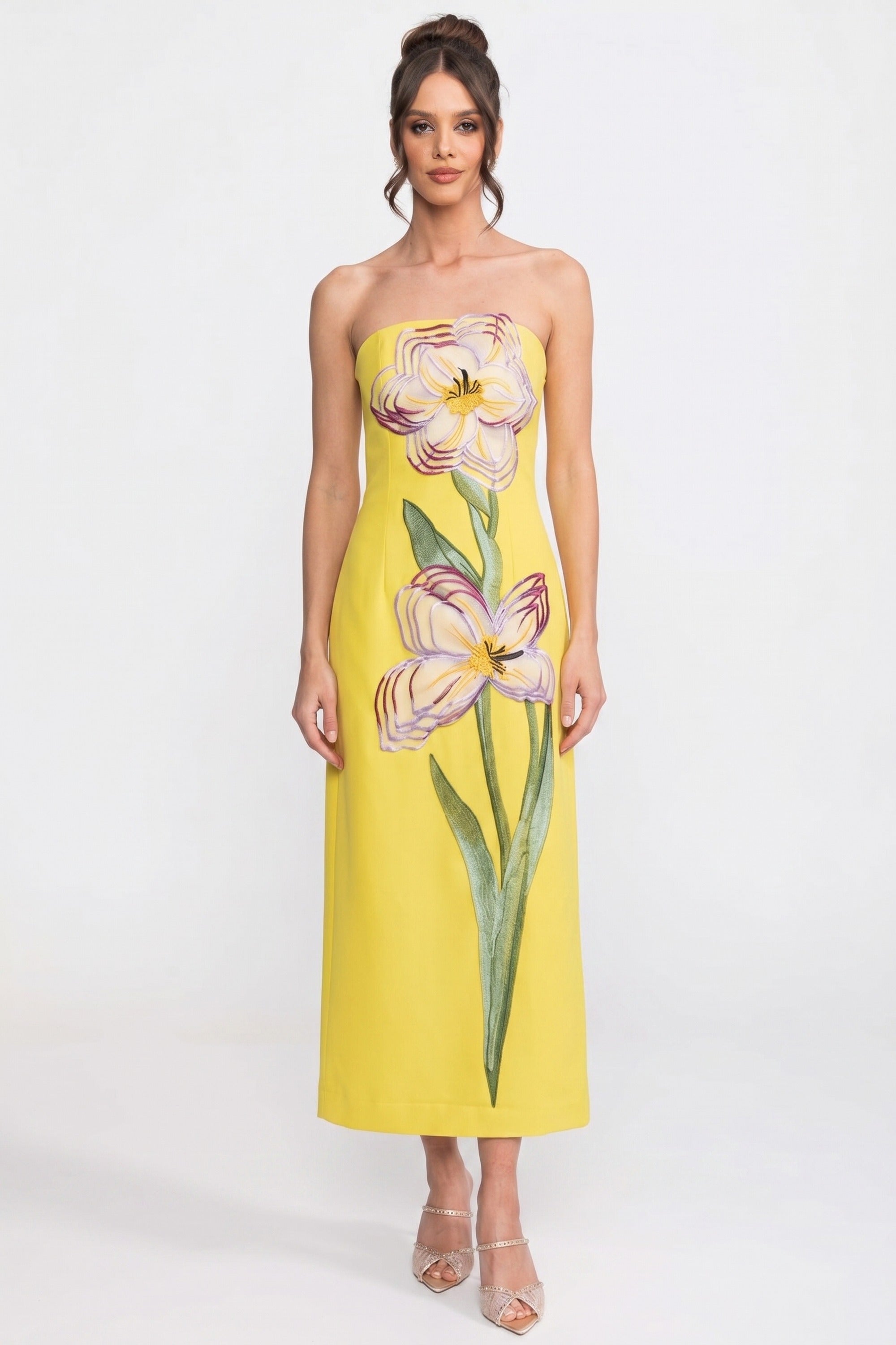 Strapless Floral-Print Midi Dress With Column Silhouette - Yellow