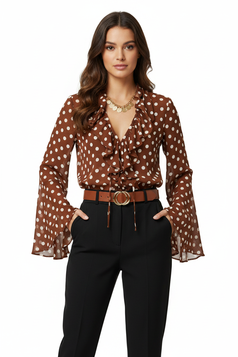 Elegant Vintage Polka Dot Blouse with Soft Fabric and Button Detail