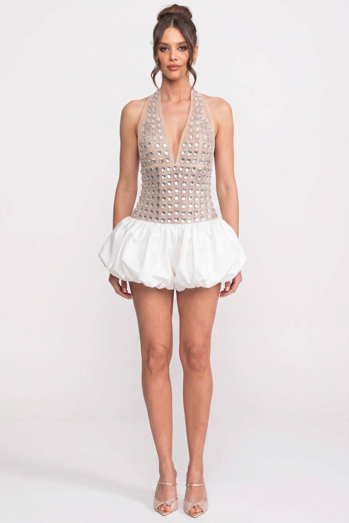 Rhinestone Embellished Mesh Halter Deep V-Neck Bubble Hem Mini Dress 5