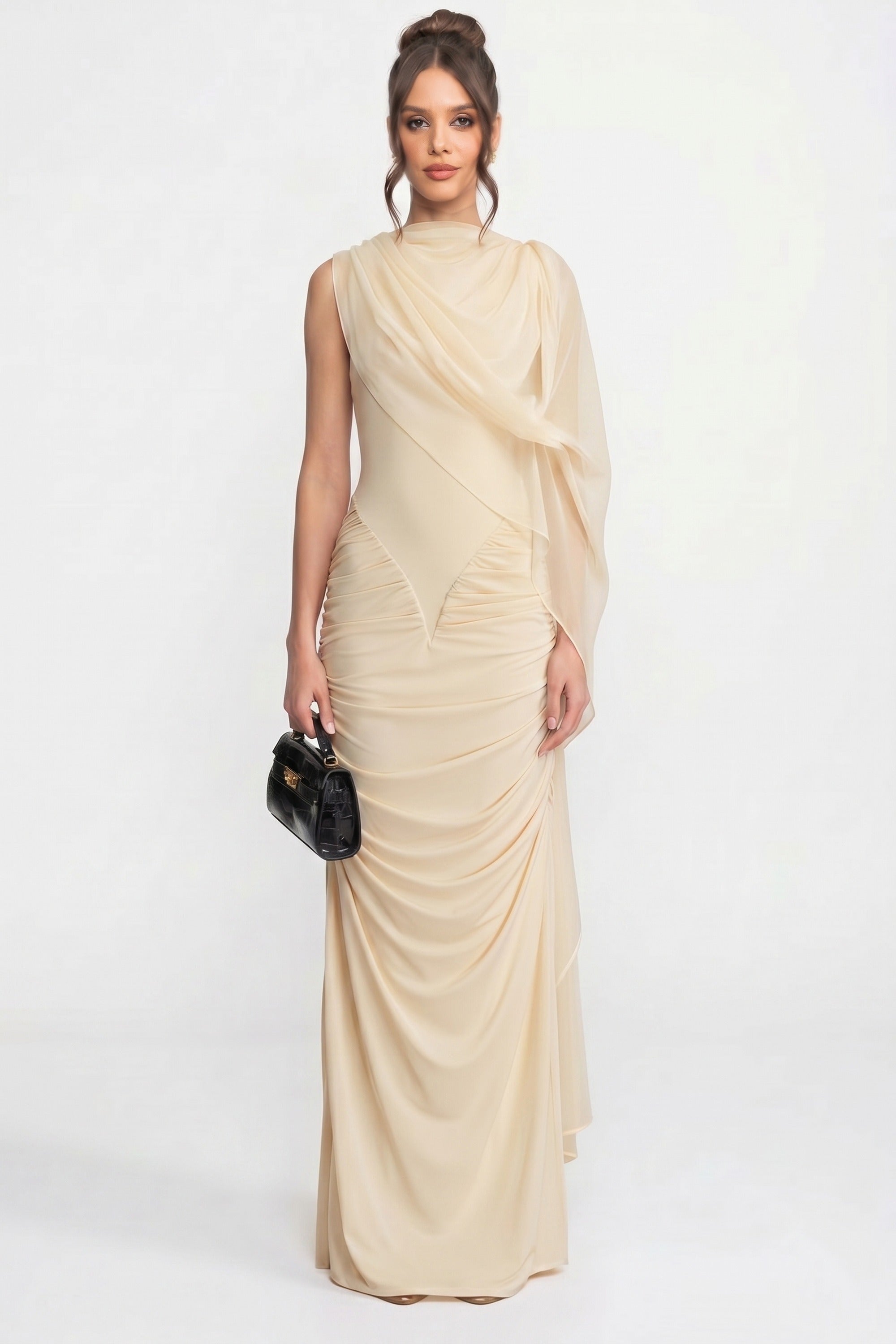 One-Shoulder Draped Maxi Dress With Sheer Scarf Detail - Beige