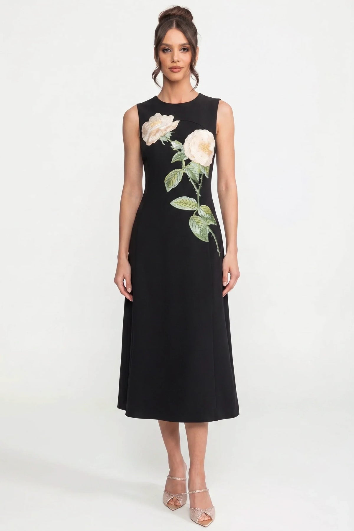 Crew Neck Sleeveless Rose Applique A-Line Midi Dress