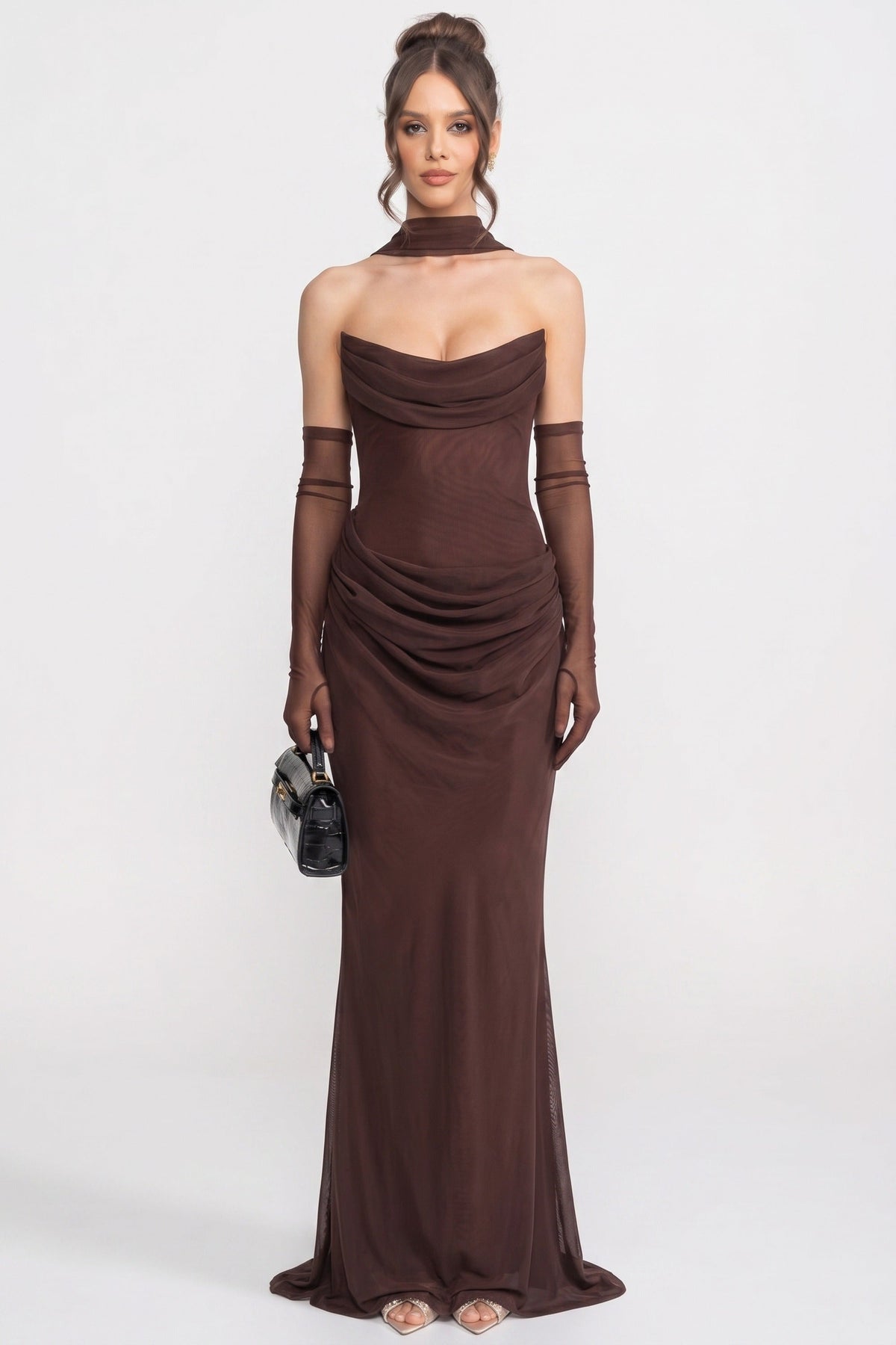 Strapless Cowl Neck Draped Sheer Mesh Maxi Gown with Scarf and Gloves 3