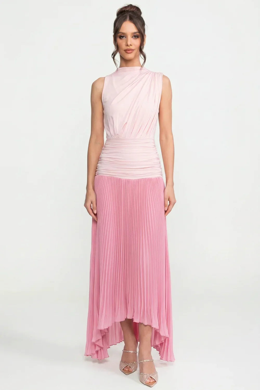Mock Neck Sleeveless Ruched Bodice Pleated High Low Maxi Dress