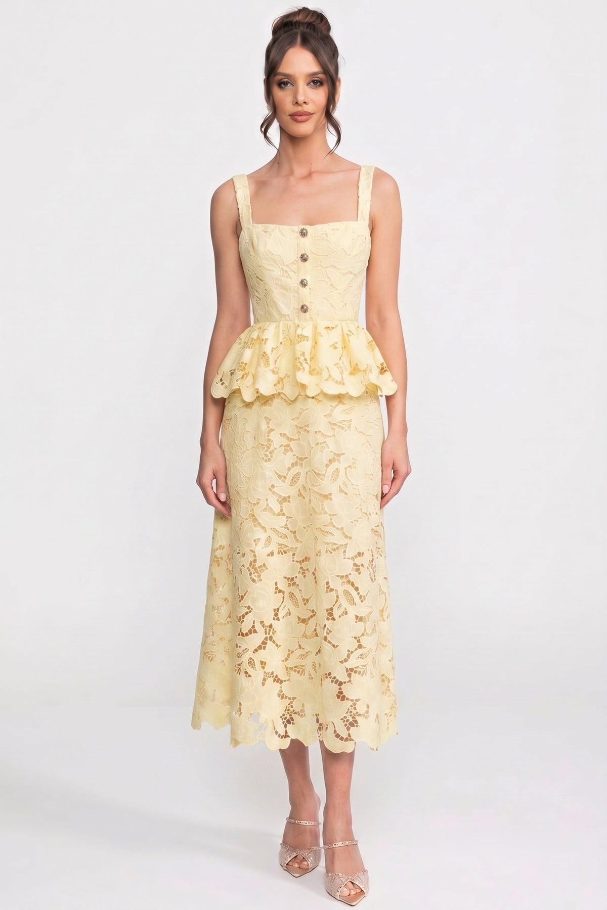 Square Neck Button Front Scallop Lace Peplum Midi Dress 5