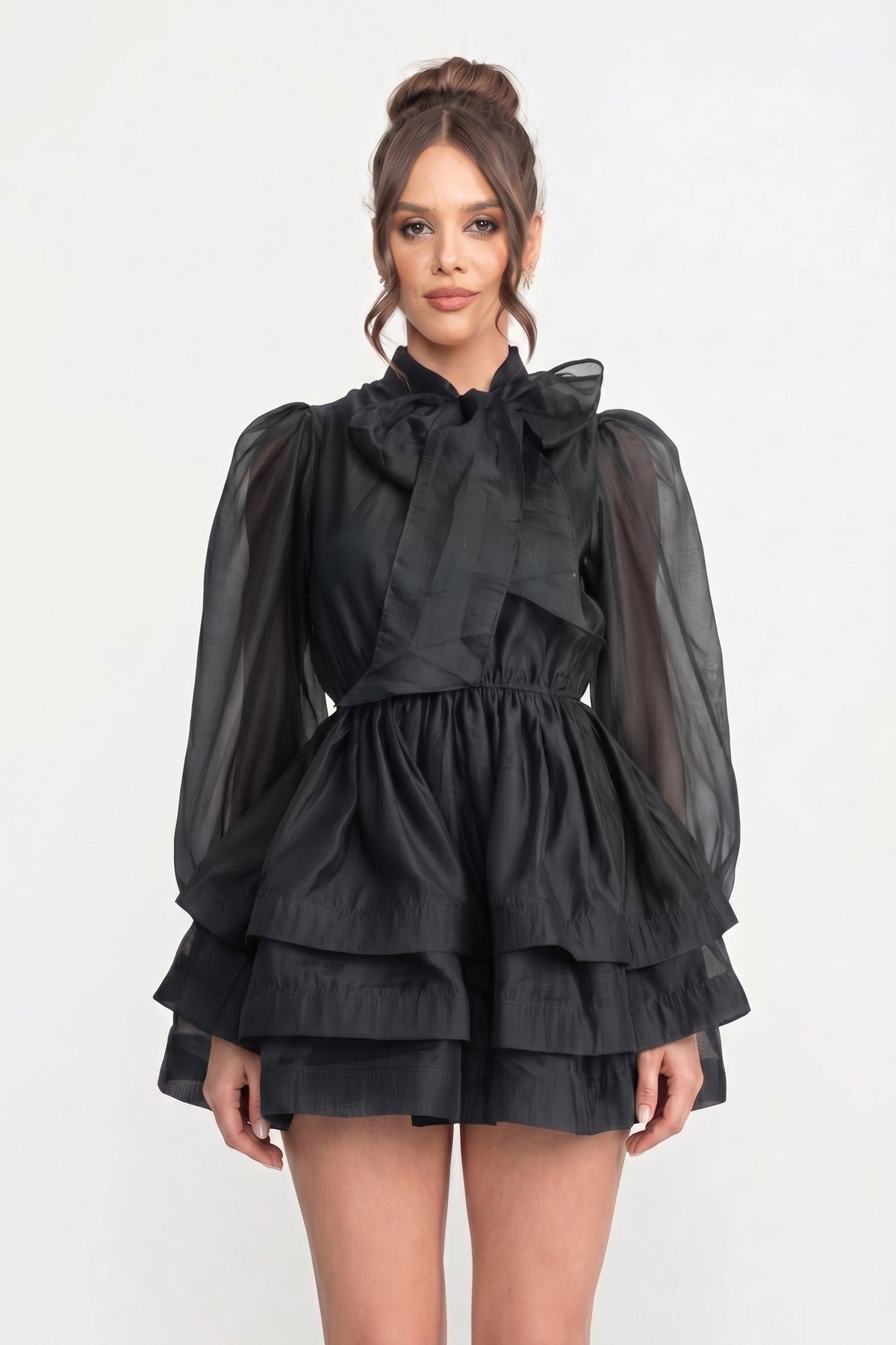 Bow Tie Neck Sheer Puff Sleeve Organza Tiered Ruffle Mini Dress