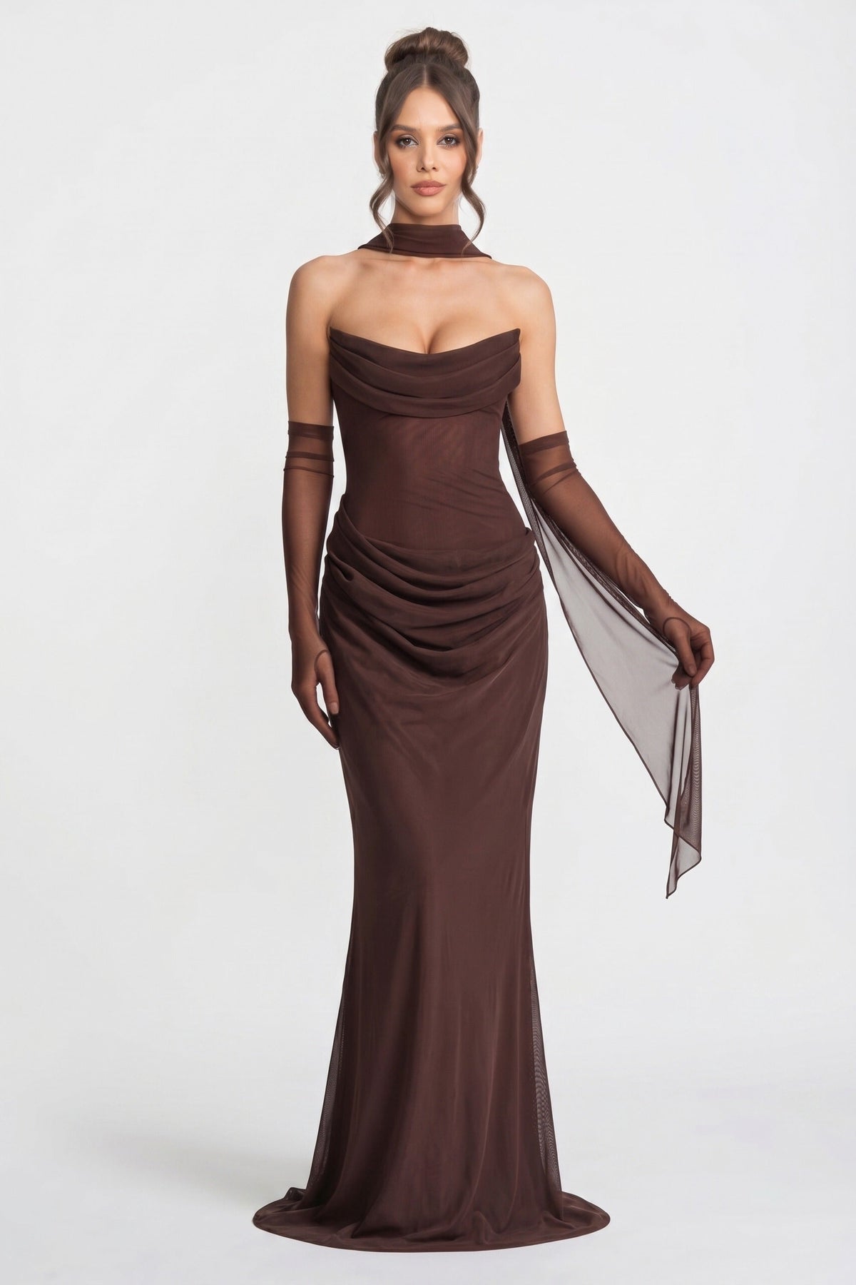 Strapless Cowl Neck Draped Sheer Mesh Maxi Gown with Scarf and Gloves