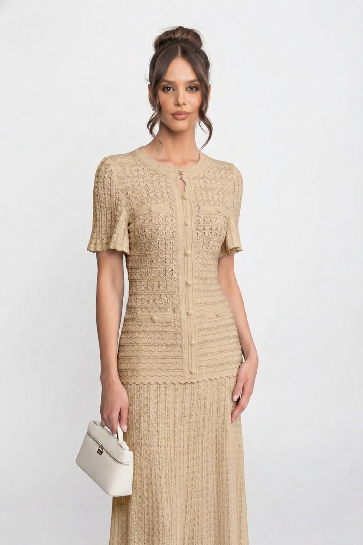 Crew Neck Flutter Sleeve Button Front Pointelle Knit Maxi Dress 3