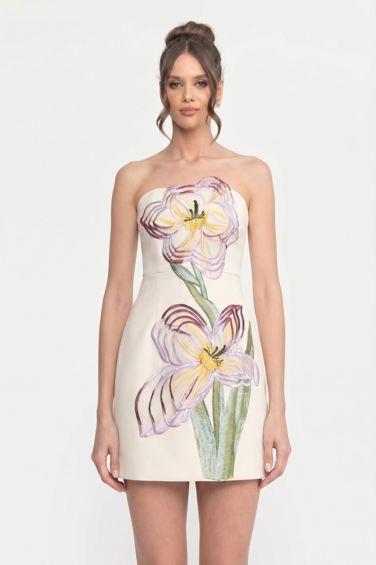Strapless Floral Embroidered Straight Neck Fitted Mini Dress 3