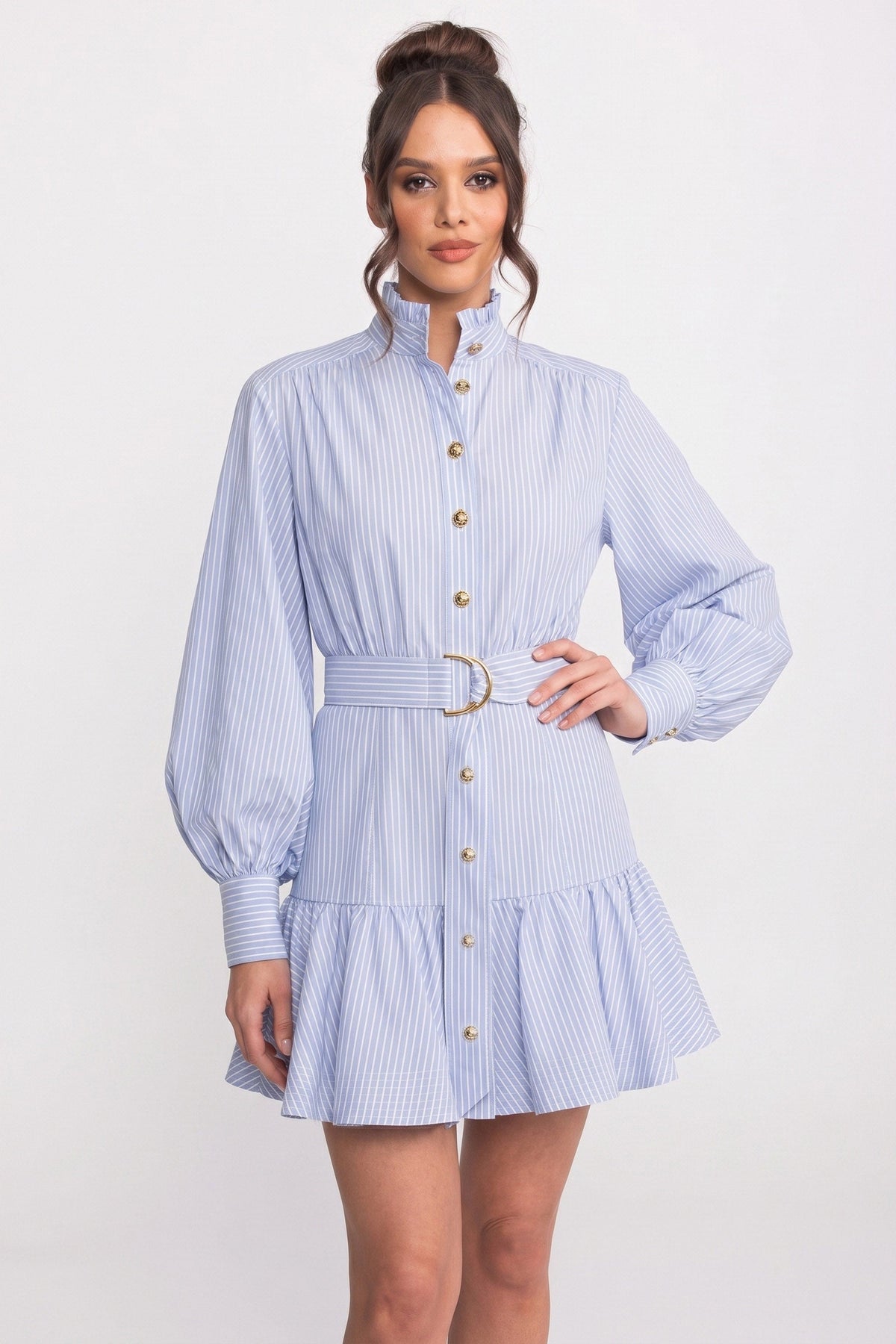 Striped High Neck Balloon Sleeve Belted Tiered Ruffle Mini Dress - View 3