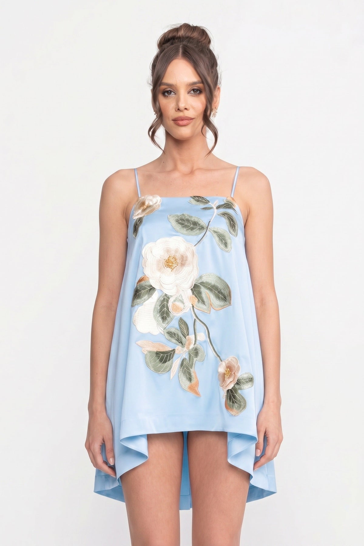 Satin Floral Embroidered Square Neck Spaghetti Strap A-Line Mini Dress 4