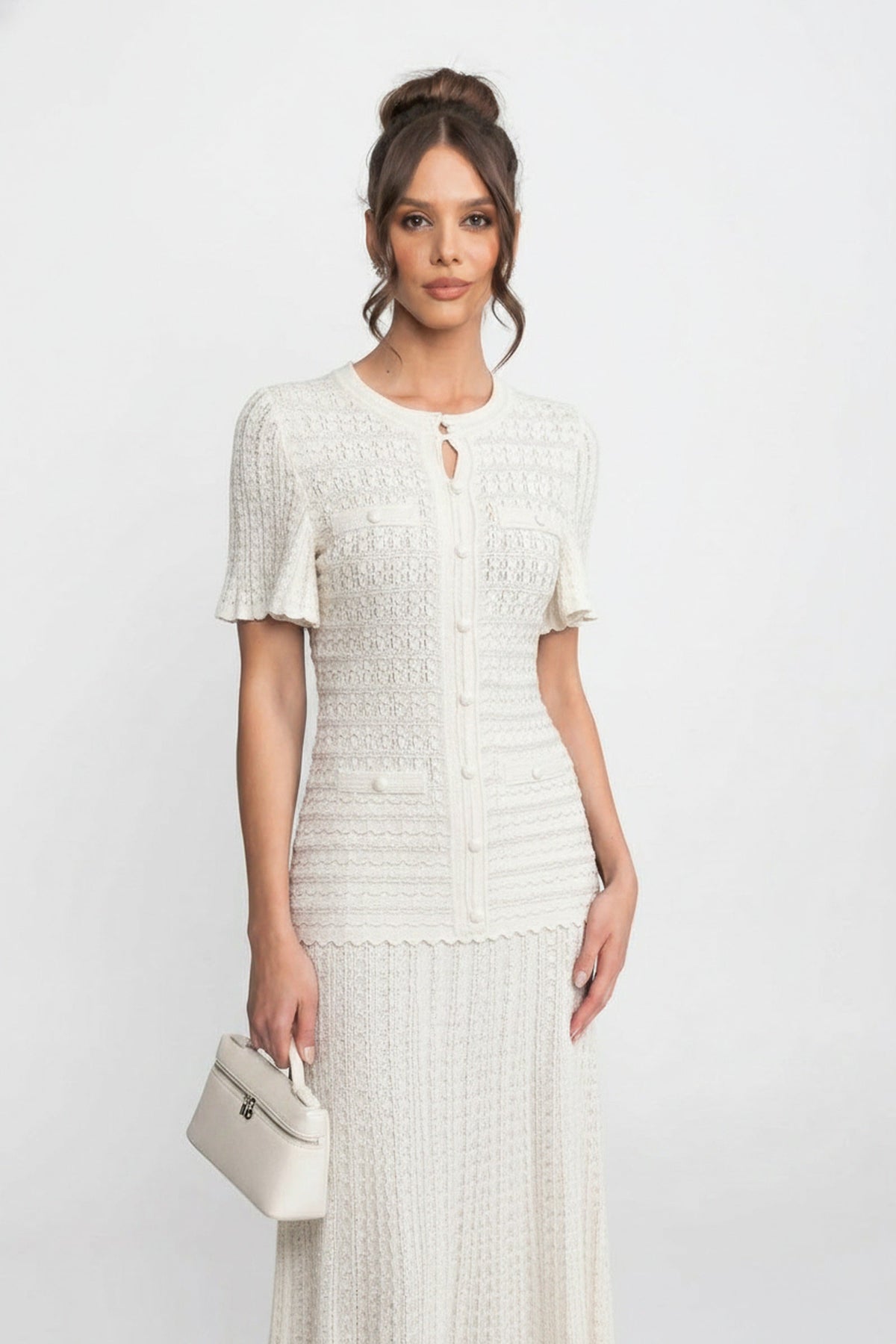 Crew Neck Flutter Sleeve Button Front Pointelle Knit Maxi Dress 3