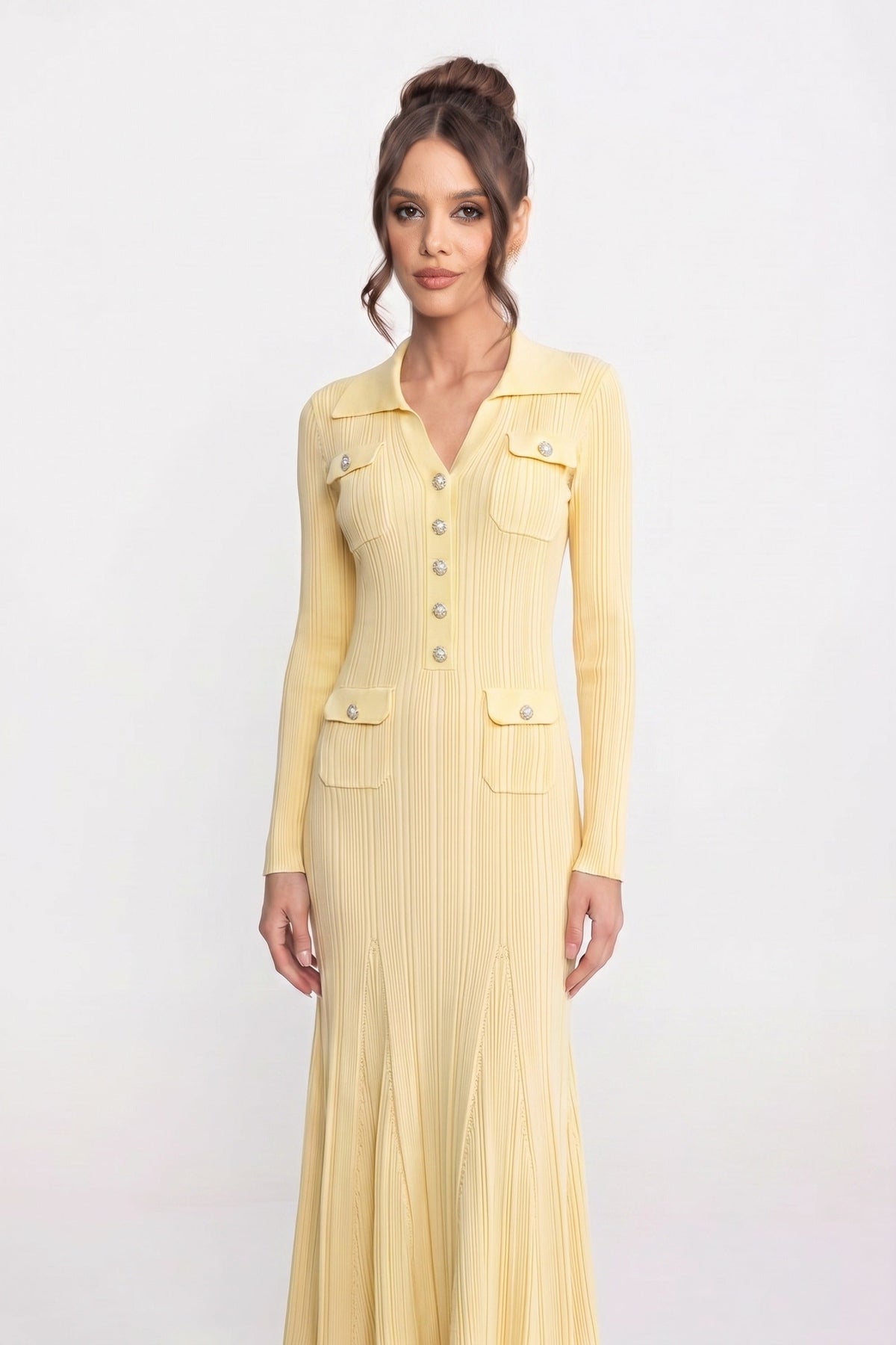 Collared Long Sleeve Button Front Ribbed Knit Flap Pocket Flare Midi Dress 3