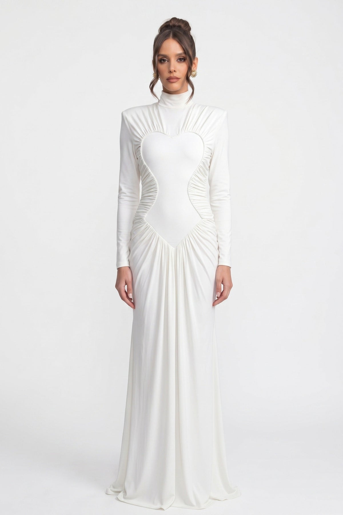 Mock Neck Long Sleeve Heart Panel Ruched Draped Maxi Gown