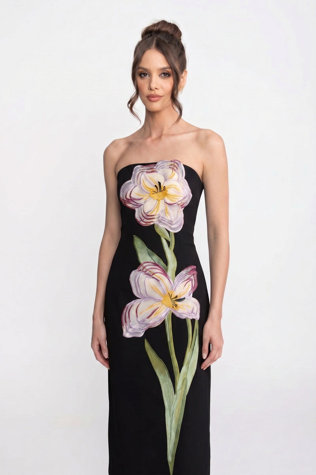 Strapless Tulip Floral Applique Column Midi Dress 3