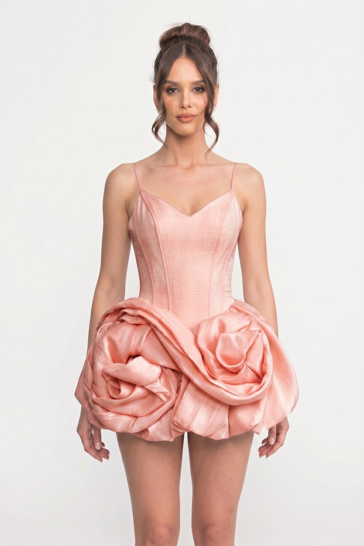 Spaghetti Strap V-Neck Corset Bodice Rosette Skirt Mini Dress