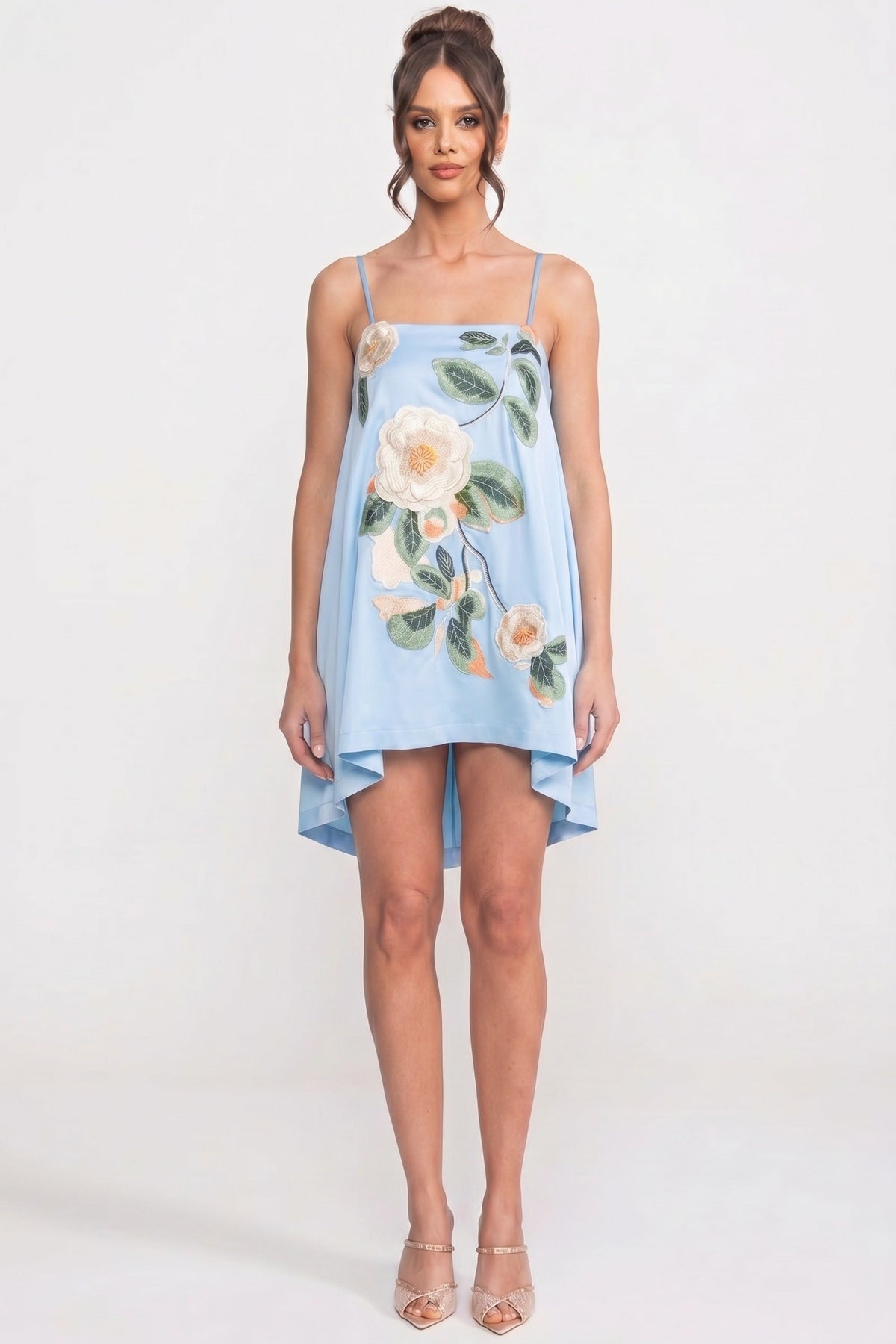 Satin Floral Embroidered Square Neck Spaghetti Strap A-Line Mini Dress 5