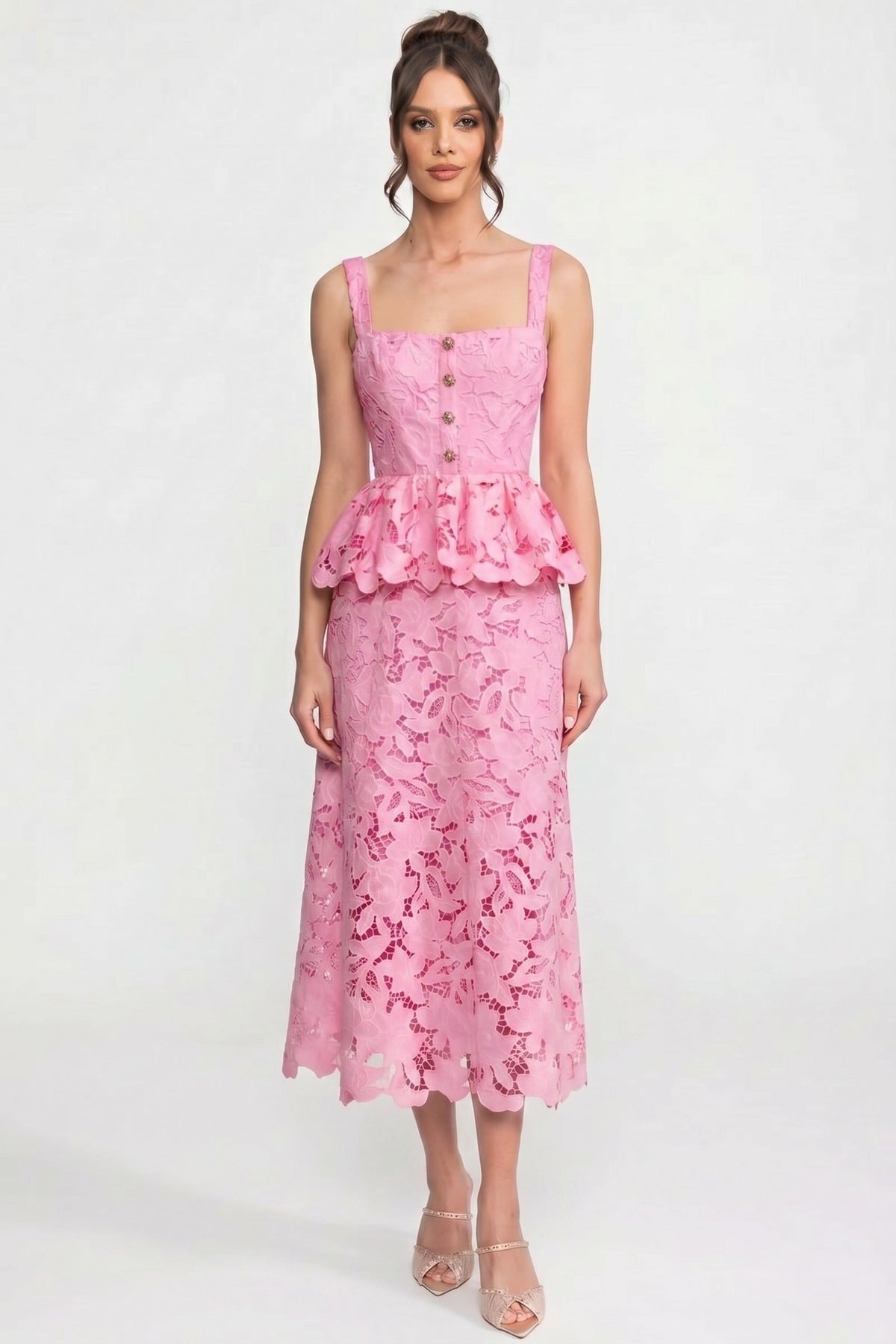 Lace Square Neck Sleeveless Button Front Scalloped Peplum Midi Dress