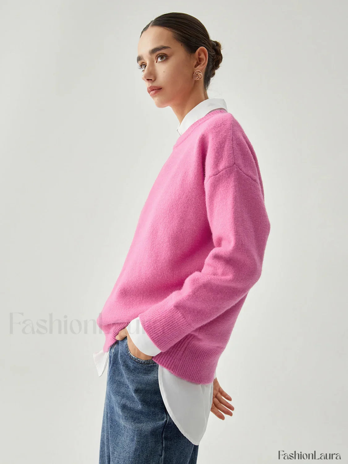 Fuchsia Crew Graceful Neck Knit Sweater