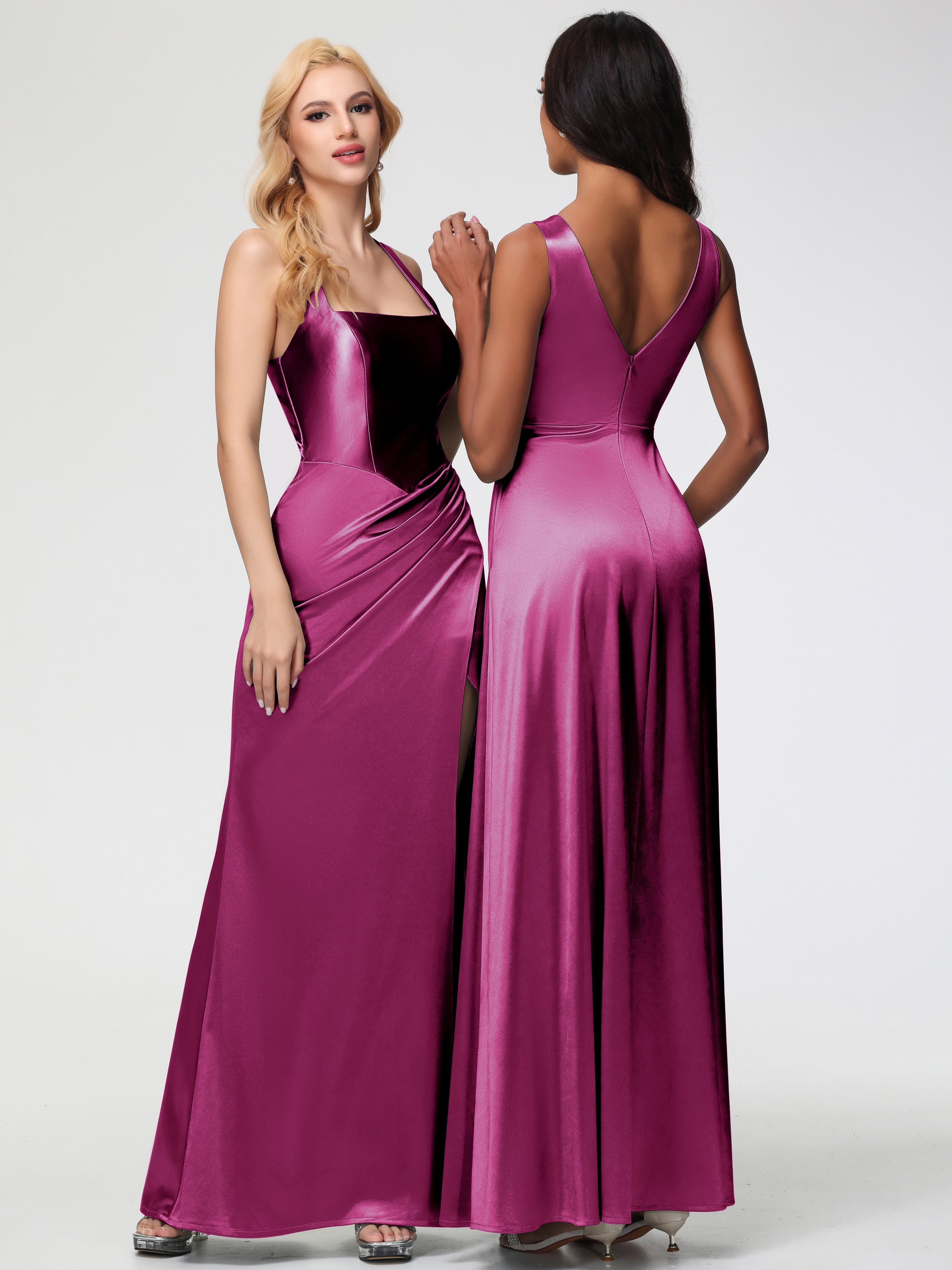 Fuchsia Formal Dress Straps Ruched Floor Length Sheath Formal Dress With Slit