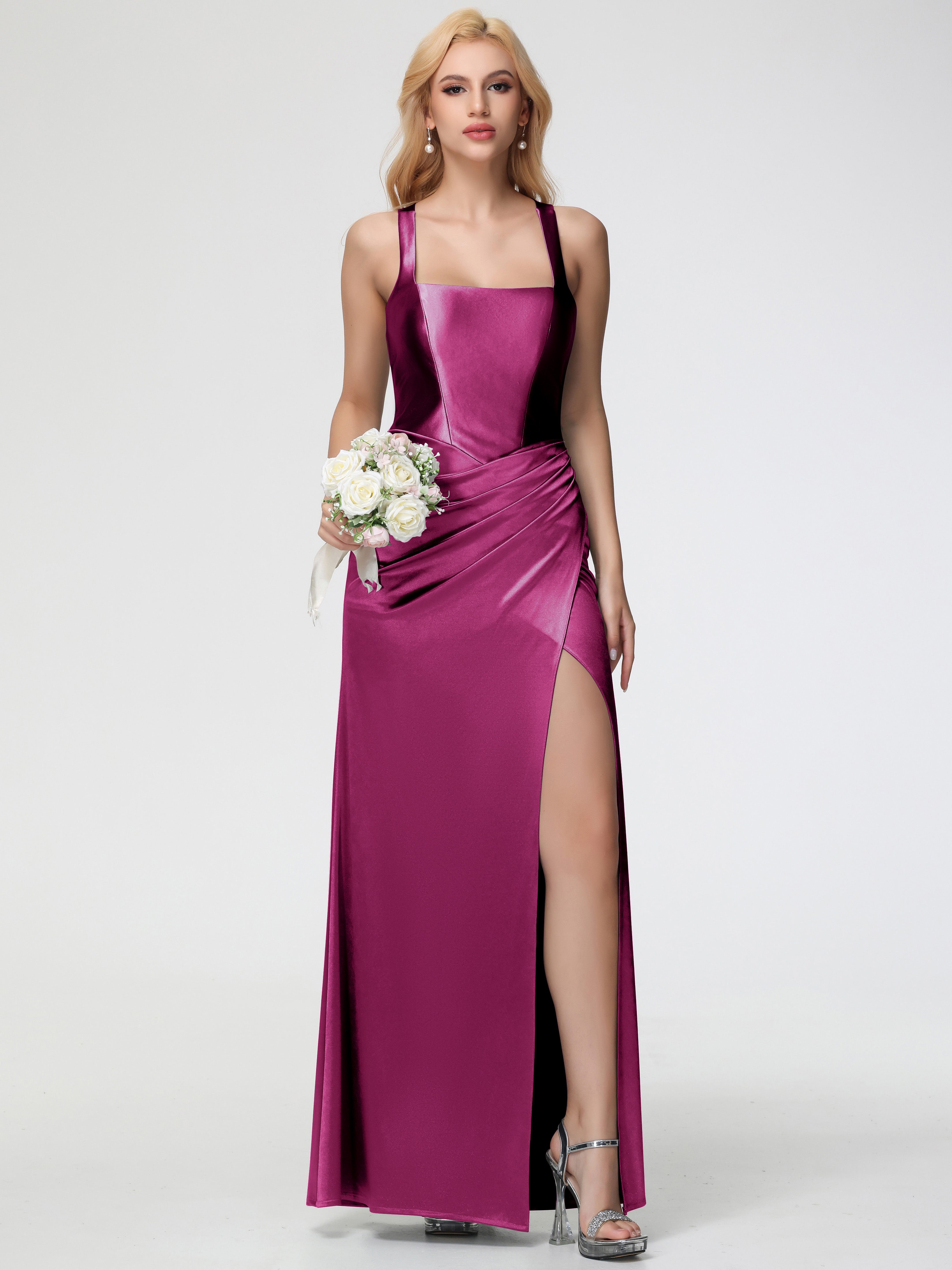Fuchsia Formal Dress Straps Ruched Floor Length Sheath Formal Dress With Slit