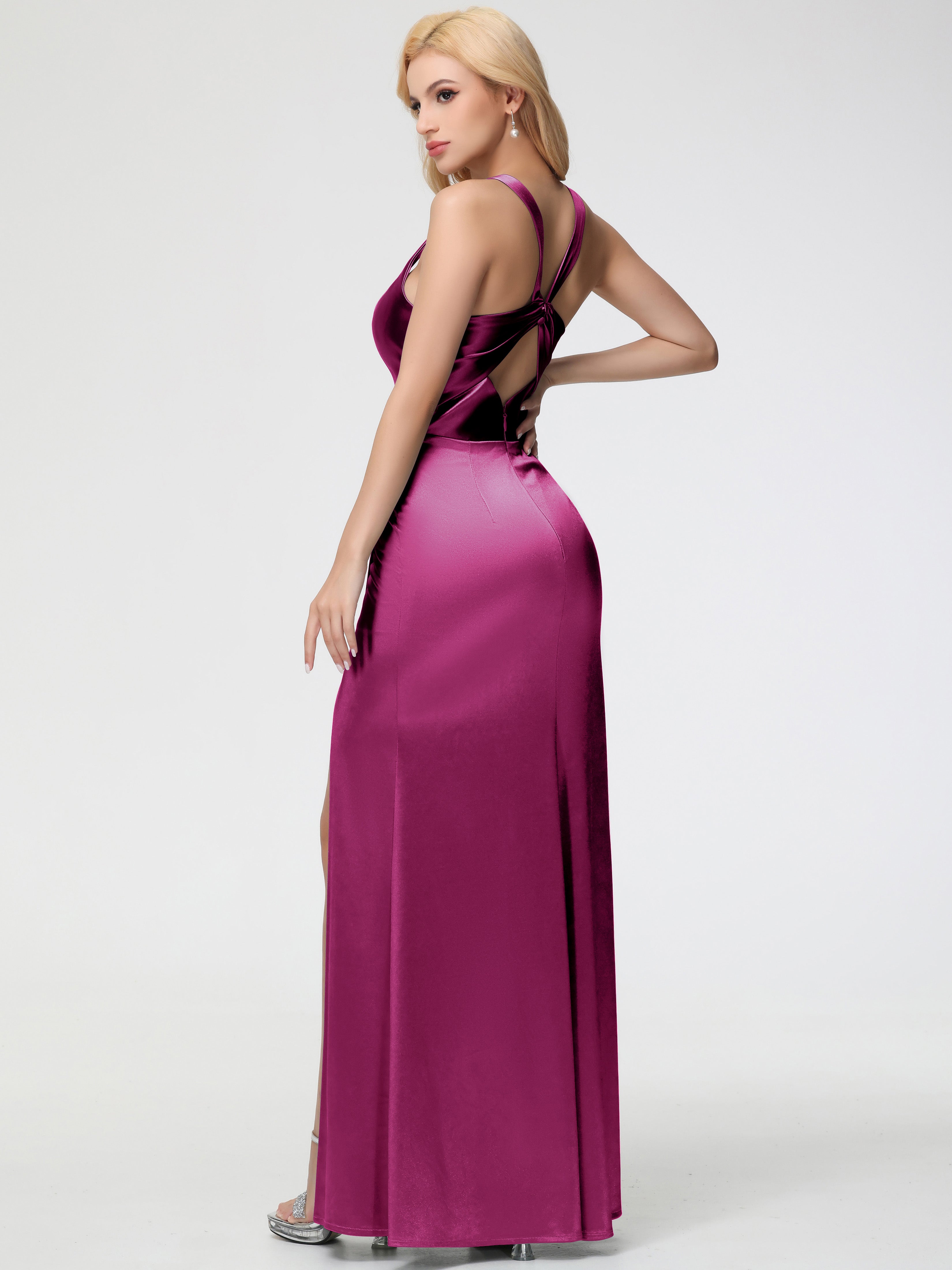 Fuchsia Formal Dress Straps Ruched Floor Length Sheath Formal Dress With Slit