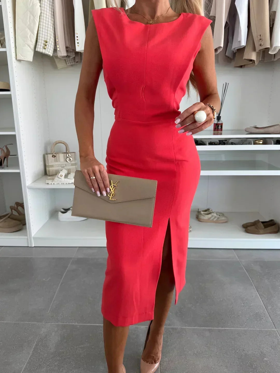 Round Neck Sleeveless Shoulder Pad High Split Bodycon Midi Dress