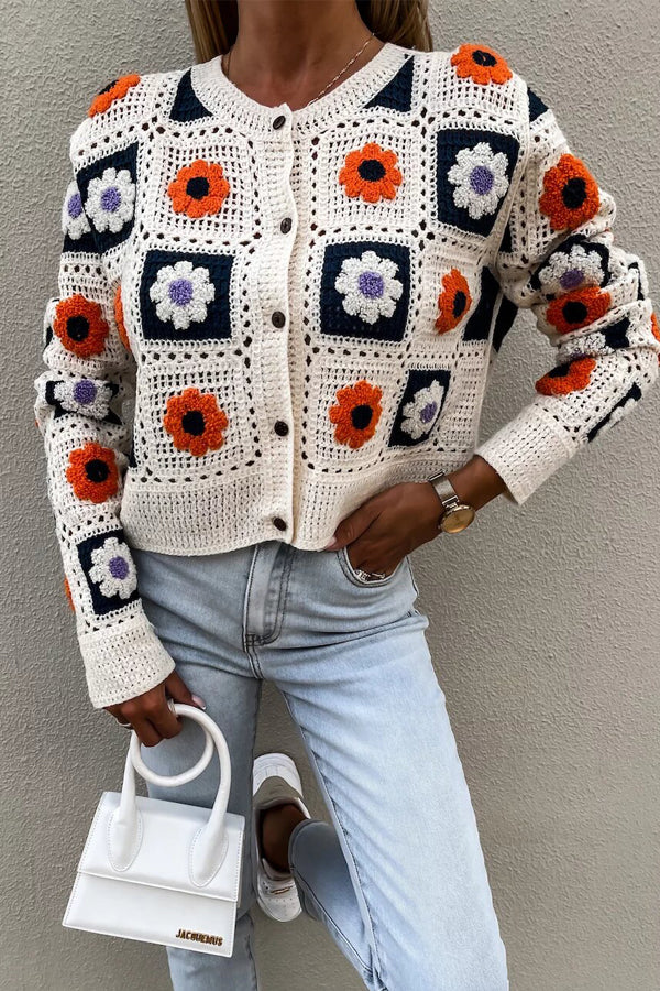 Square Crochet Crop Button Cardigan
