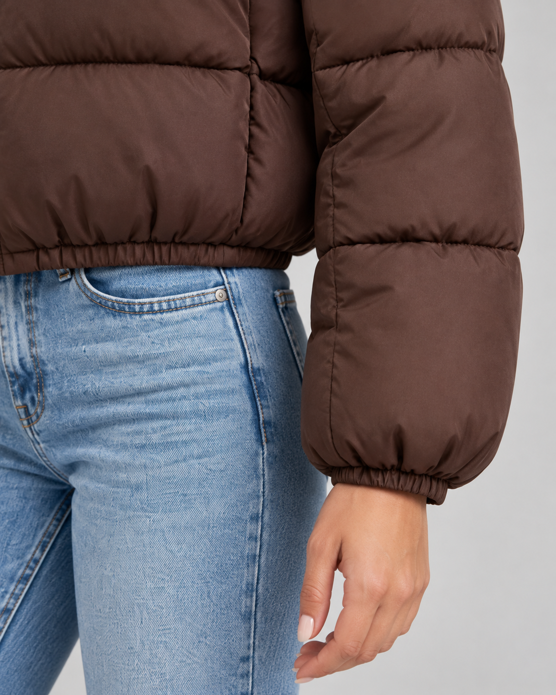 Funnel Neck Puffer Jacket - Cropped Quilted Zip Front