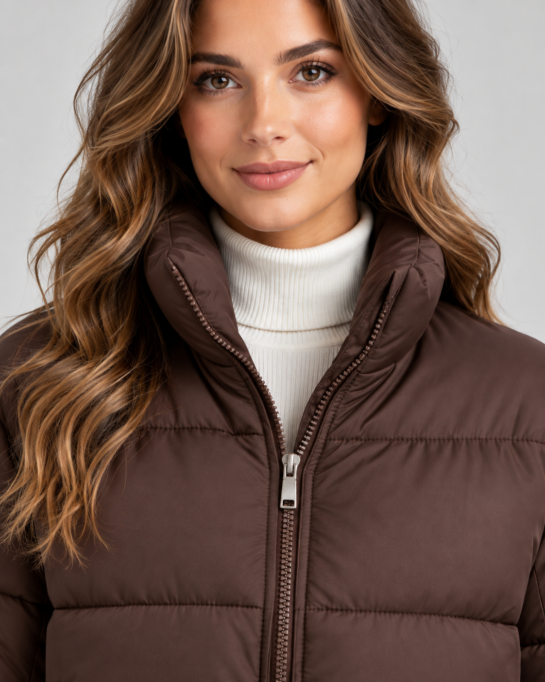 Funnel Neck Puffer Jacket - Cropped Quilted Zip Front