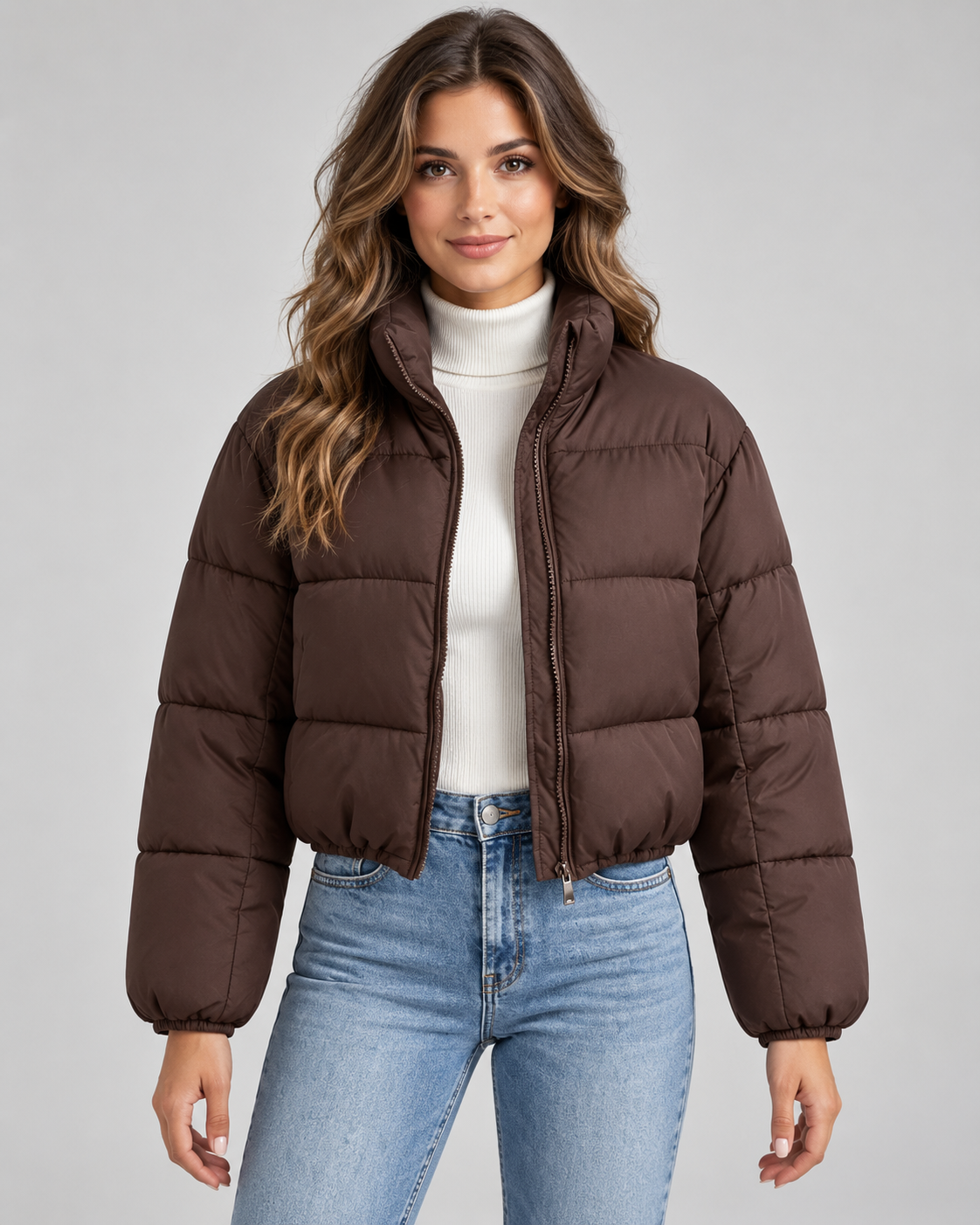 Funnel Neck Puffer Jacket - Cropped Quilted Zip Front