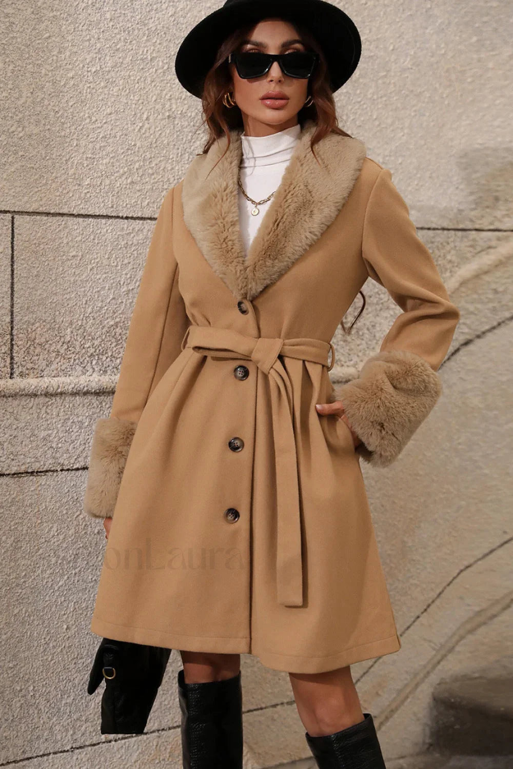 Fur Collar Belted Midi Trench Coat