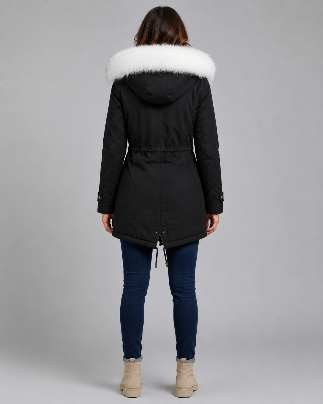 Fur Trim Hooded Long Parka with Drawstring Waist