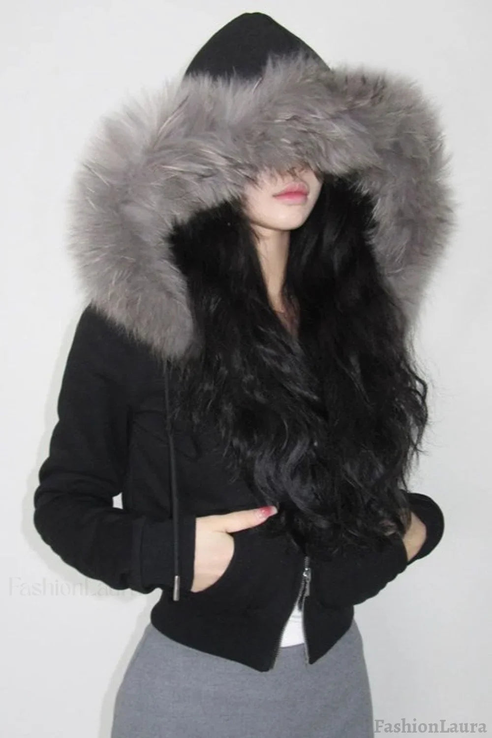 Fur Trim Hooded Zip Waist Jacket S / Black