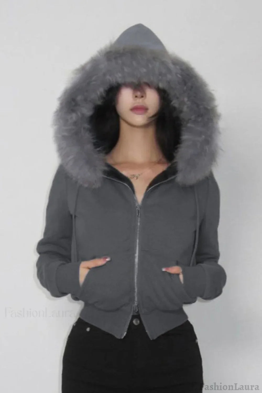 Fur Trim Hooded Zip Waist Jacket S / Grey