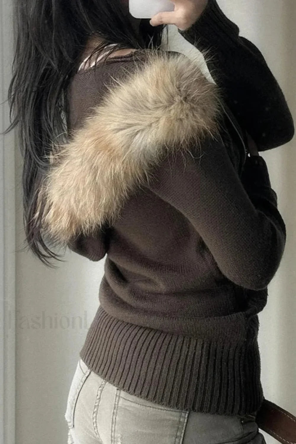 Furry Hooded Knitwear Zip Up Hoodie