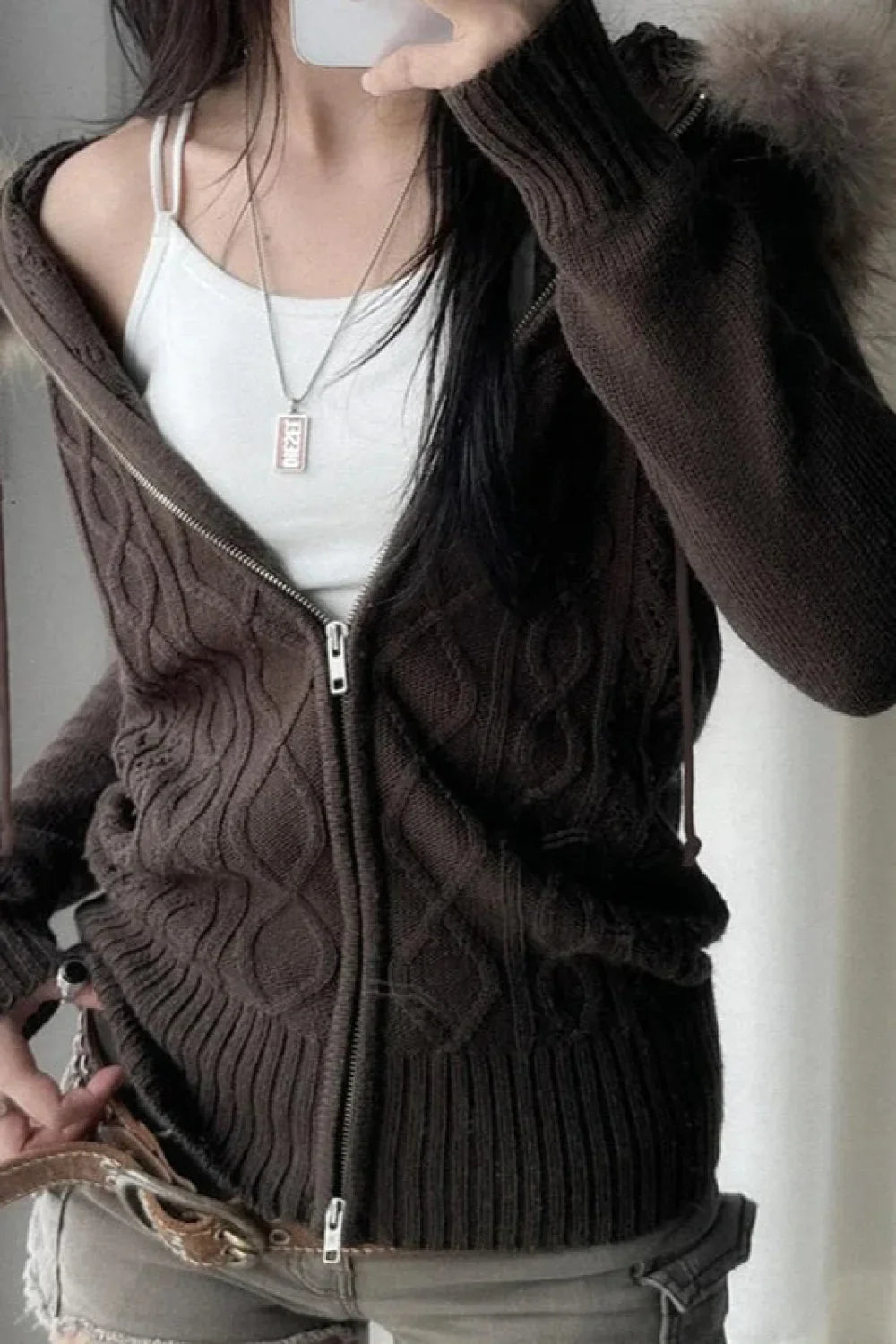 Furry Hooded Knitwear Zip Up Hoodie Brown / S