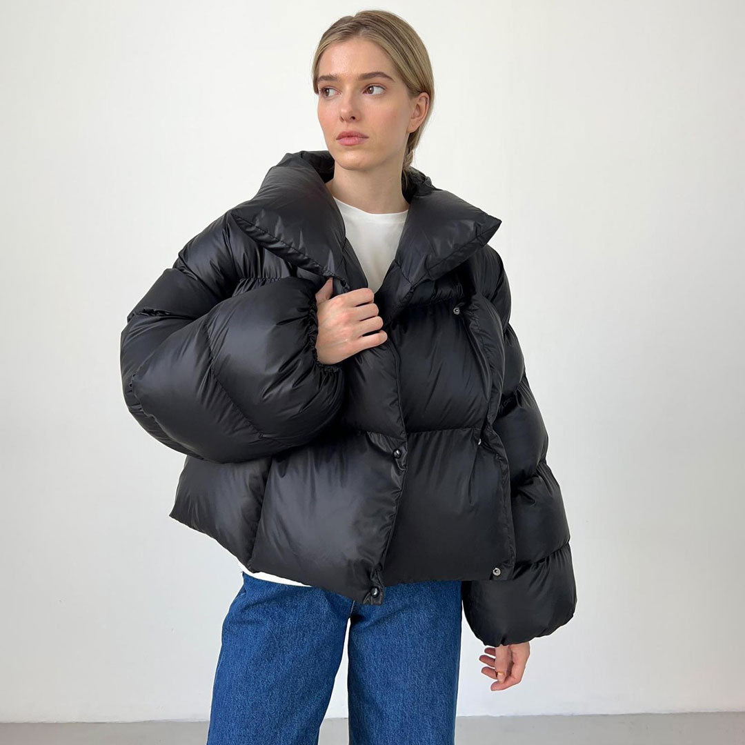 Futuristic Two Way Hooded High Neck Button Down Oversized Crop Puffer Coat
