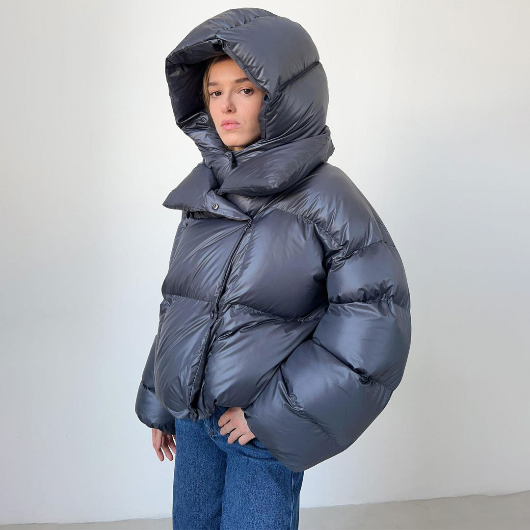 Futuristic Two Way Hooded High Neck Button Down Oversized Crop Puffer Coat