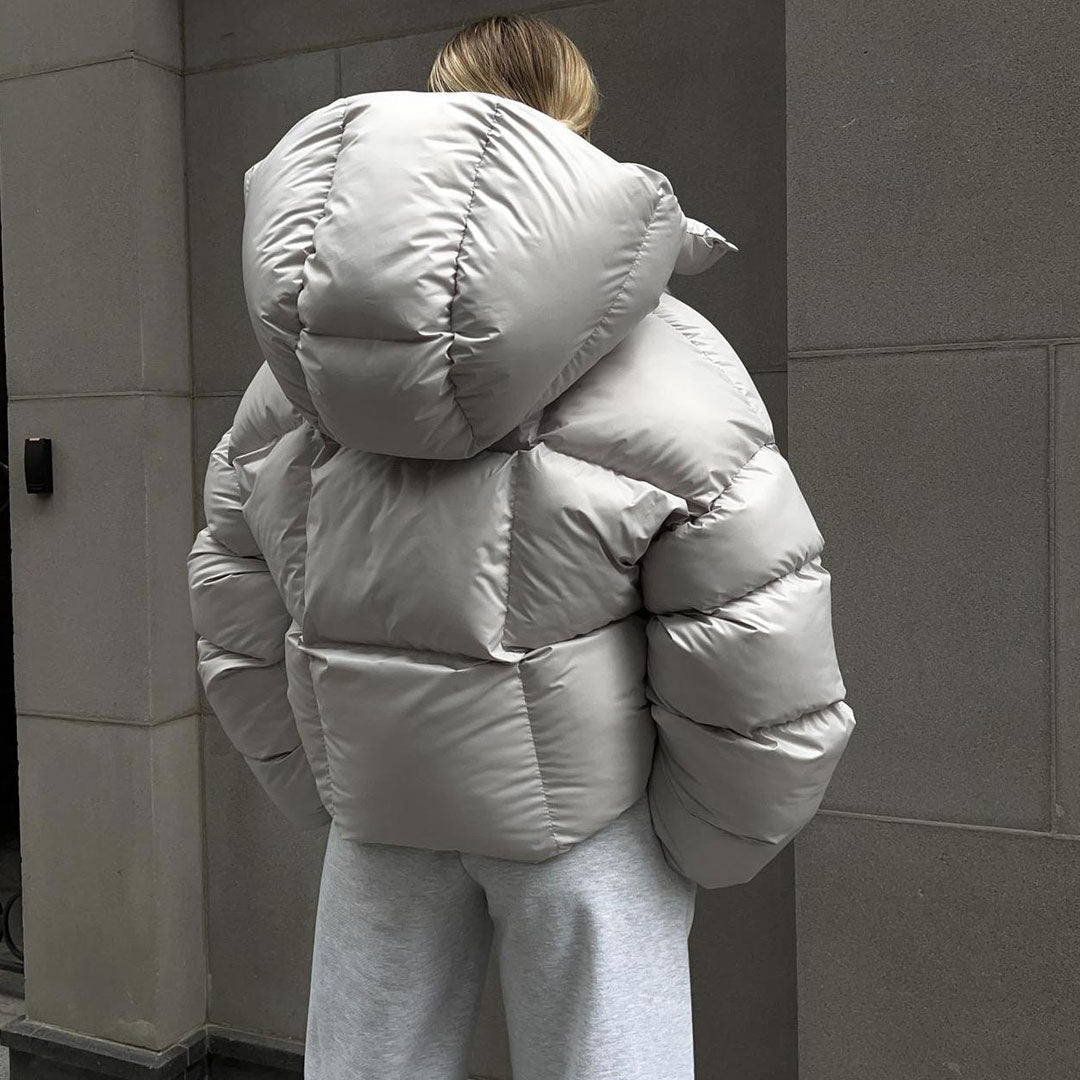 Futuristic Two Way Hooded High Neck Button Down Oversized Crop Puffer Coat