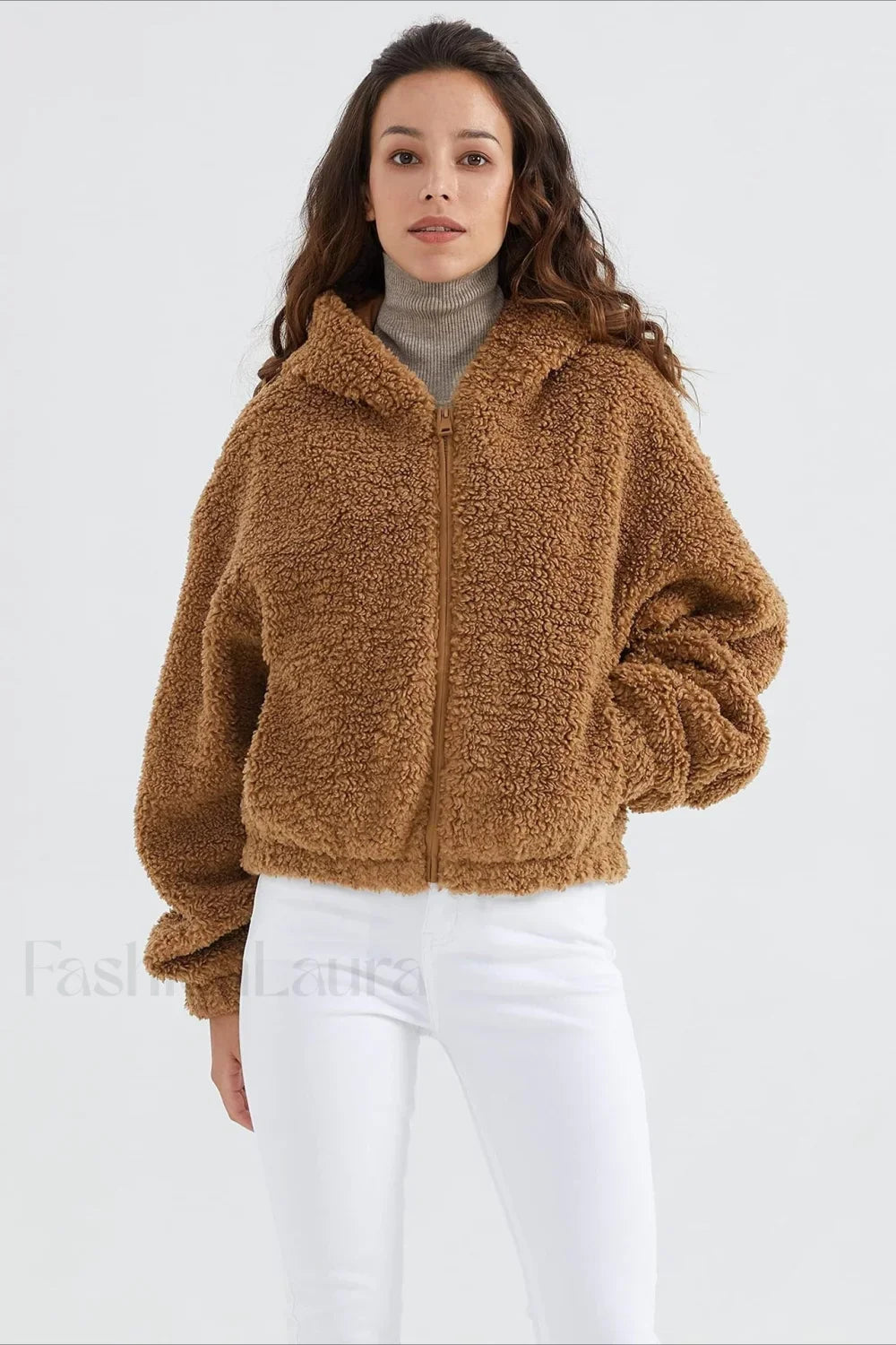 Fuzzy Hooded Zip Short Jacket