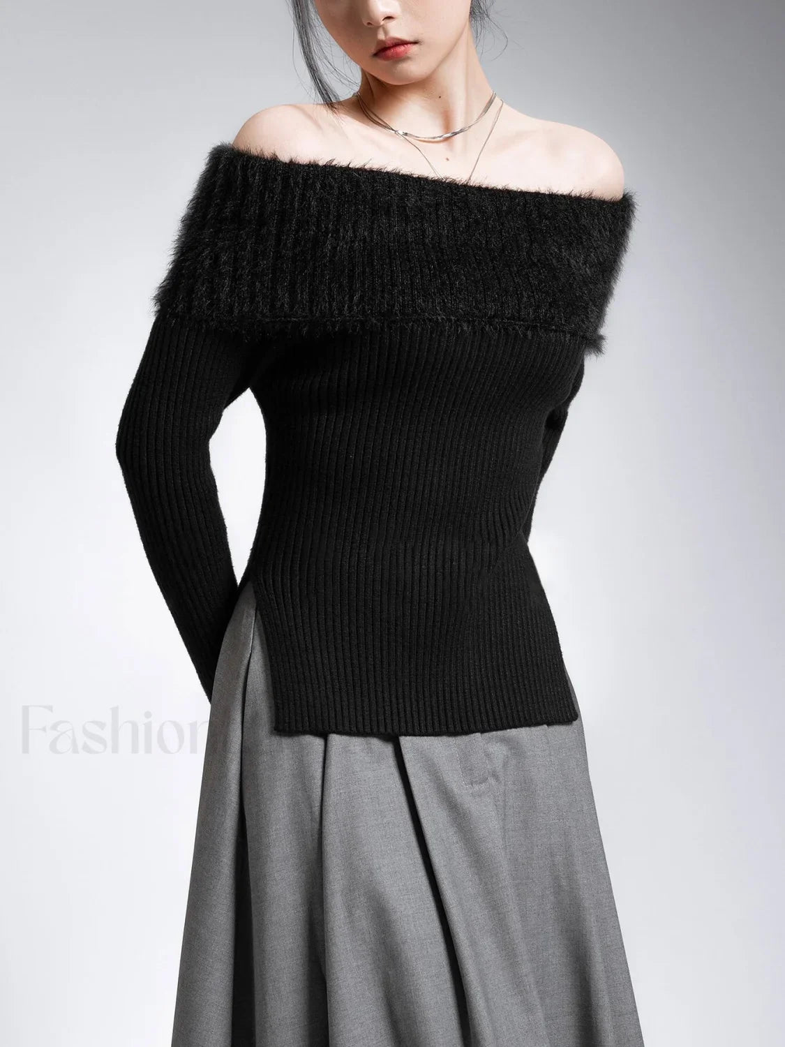 Fuzzy Off Shoulder Ribbed Modern Knit Patchwork Split Sweater Black / S Sweaters L