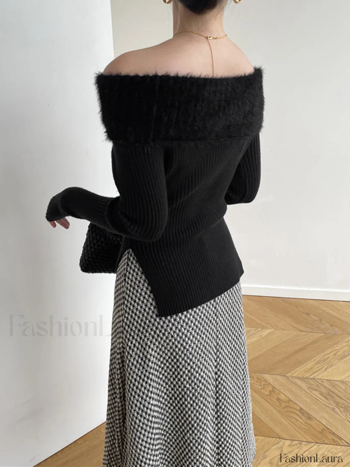 Fuzzy Off Shoulder Ribbed Modern Knit Patchwork Split Sweater